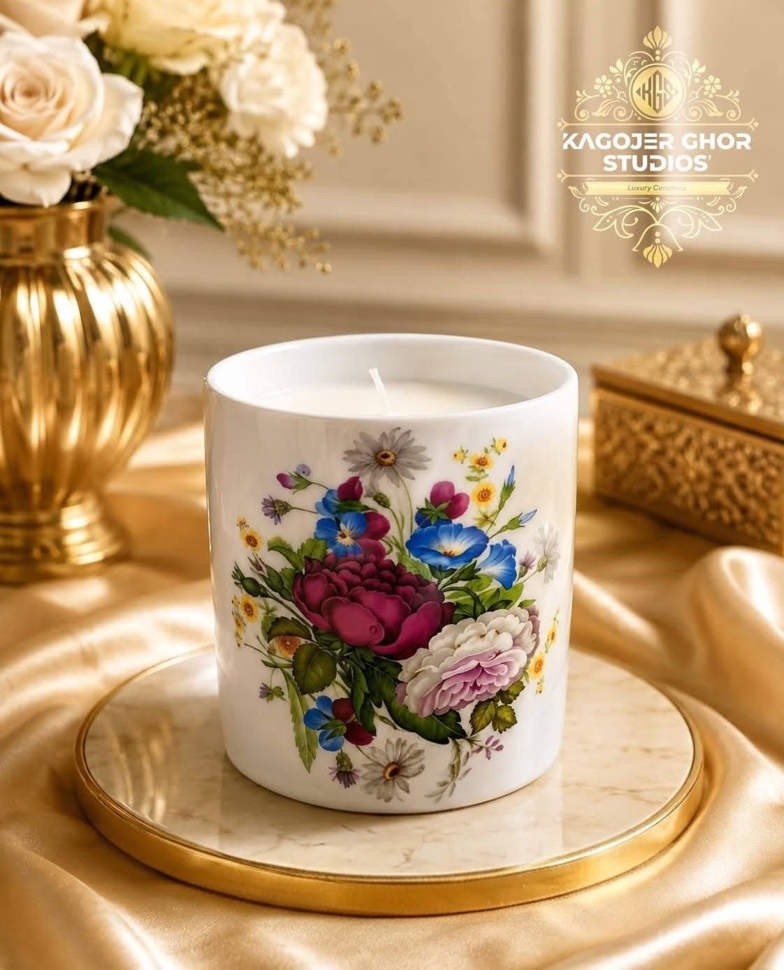1 Blooming English Floral Candle & Candle Holder - Image 1
