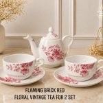 Flaming Brick Red Floral Vintage Tea For 2 Set